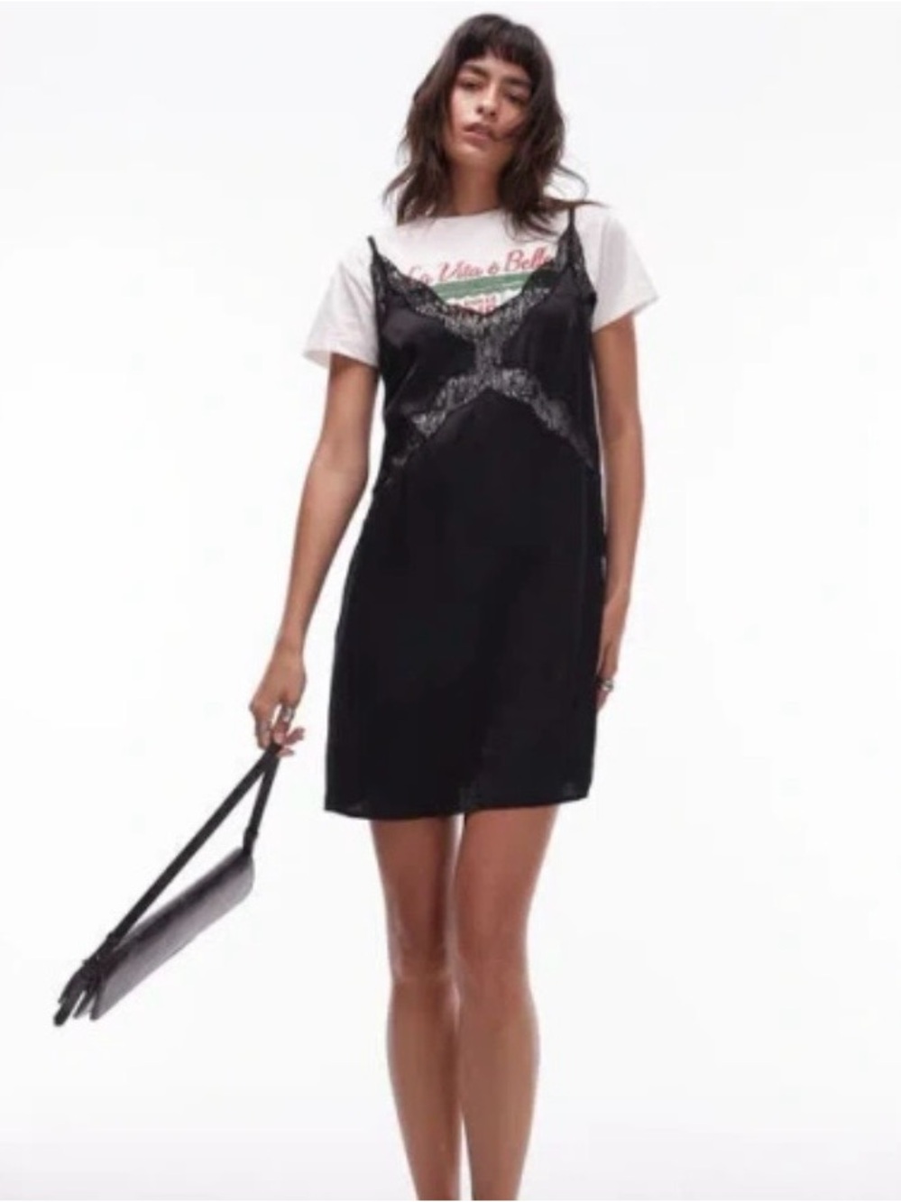 Topshop Black Satin Slip Mini Dress with Lace Trim